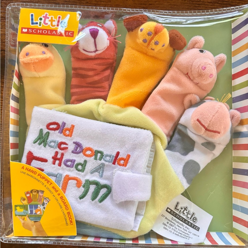 Little Scholastic “Old MacDonald Has a Farm” board book and hand puppet.